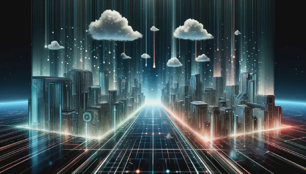 We show the latest news on EU data protection for the first quarter of 2024 AI generated image featuring a network on the ground with futuristic buildings reminiscent of the TRON movie. Above the scene, clouds float and digital