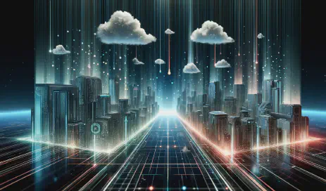 We show the latest news on EU data protection for the first quarter of 2024 AI generated image featuring a network on the ground with futuristic buildings reminiscent of the TRON movie. Above the scene, clouds float and digital