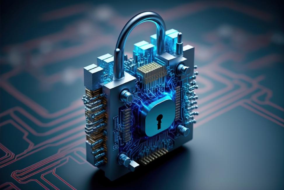 We show the updates on the latest news about EU data protection Q4-2023 An electrified padlock made with electronic components symbolizes security in cloud computing and helping to respect EU data protection regulations