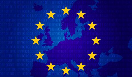 A map of Europe in blue, with the 12 golden stars and a binary code.