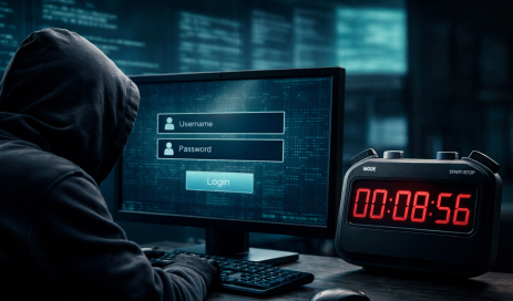 Ein Hacker sitzt vor einem Bildschirm und versucht Zugang zu einem Benutzerkonto zu erhalten, daneben läuft eine digitale Stoppuhr.