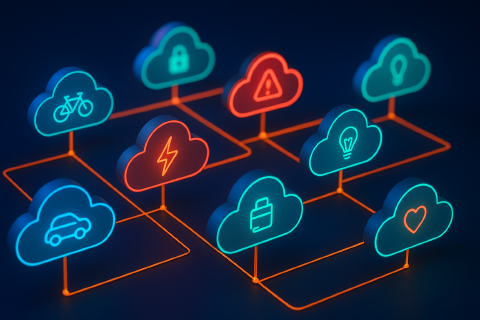 Clouds connected by lines containing non-interactive user icons such as a car, a bicycle, or a light bulb.